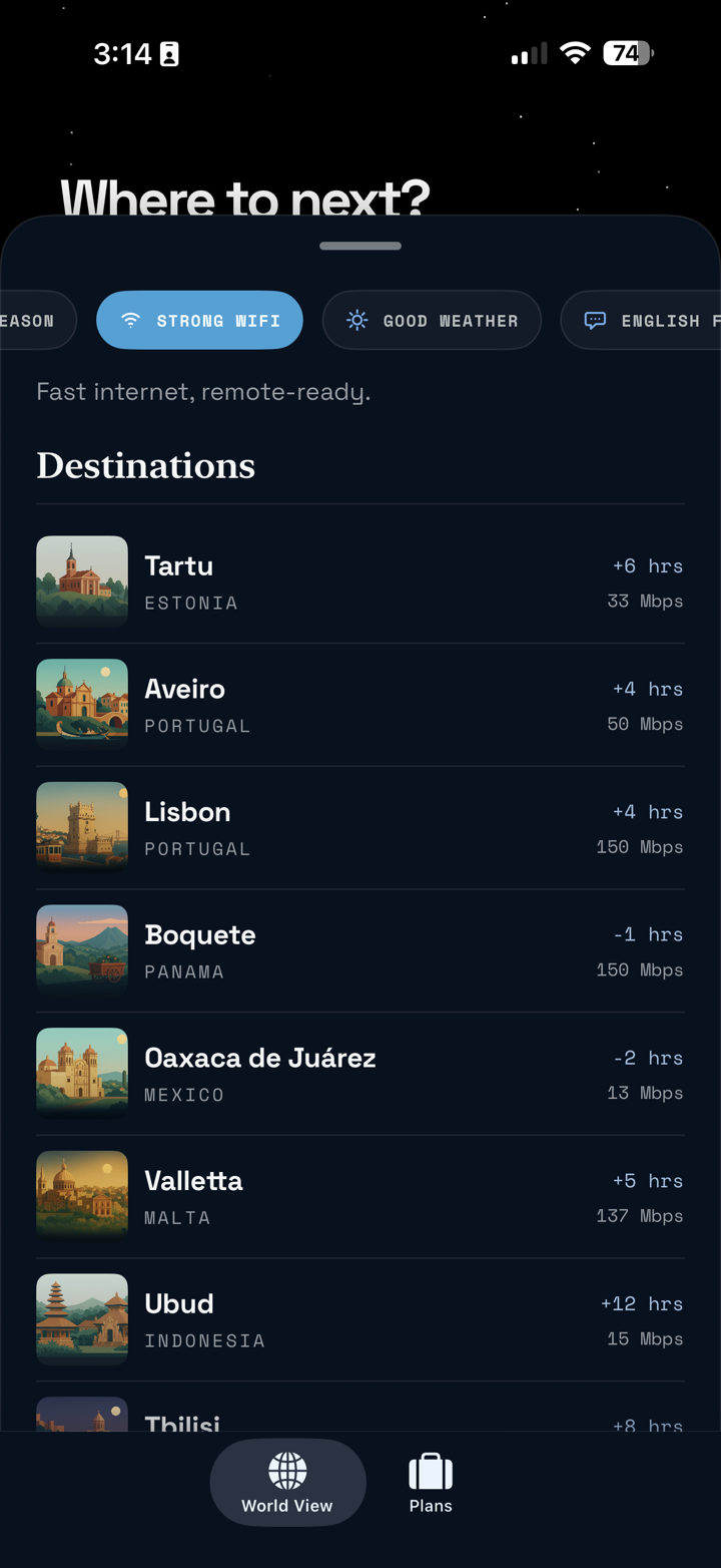 Noma preview showing destination filters and ranked remote bases.