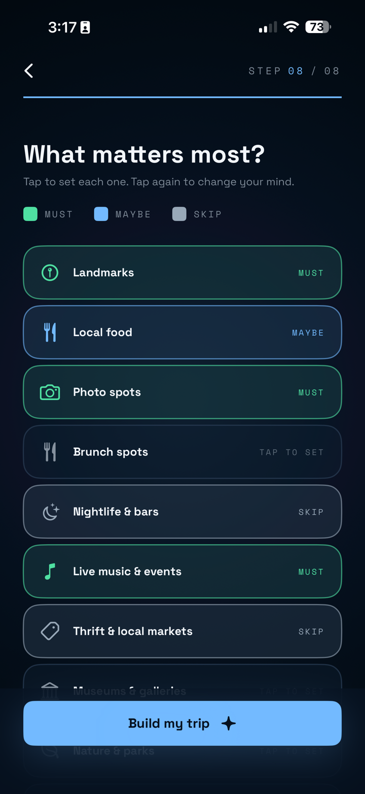 Noma preview showing trip preferences and must-do activities.