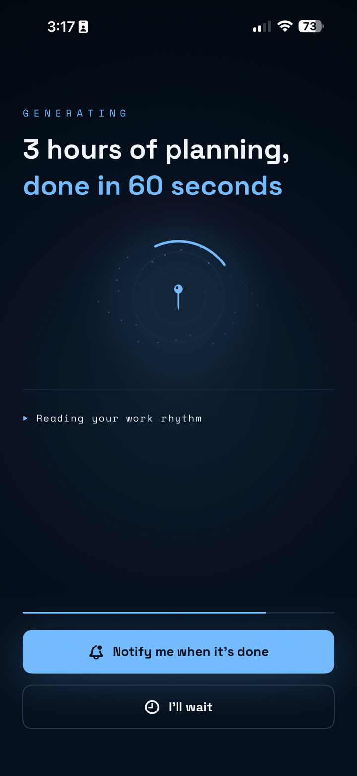 Noma preview showing itinerary generation progress.