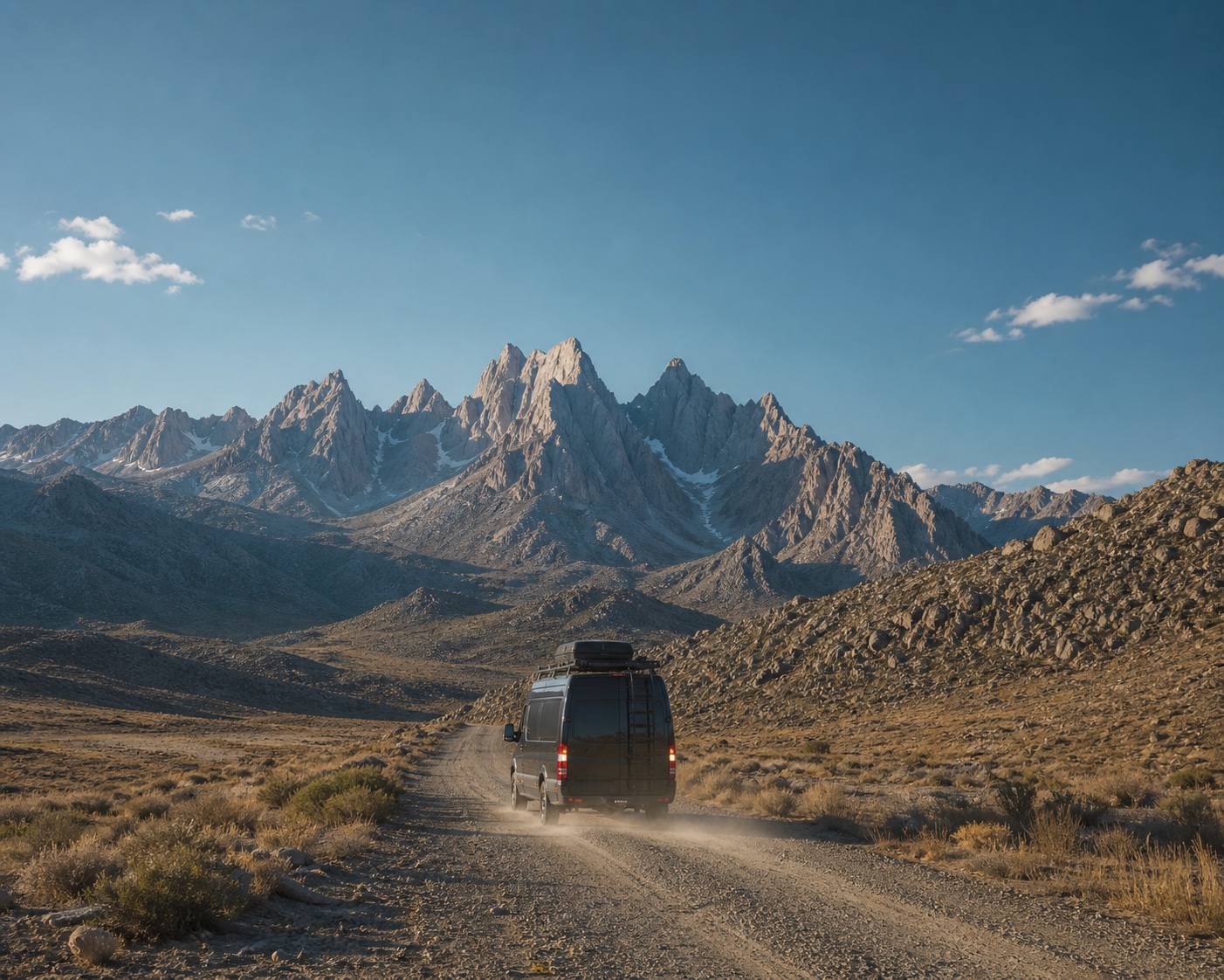 Camper driving toward mountains